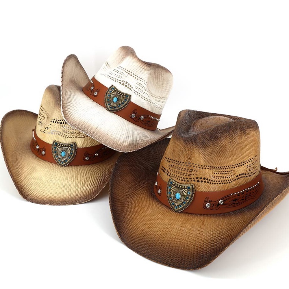 The Aztec Shield Turquoise Concho Vented Vintage Straw Western Cowboy Hat